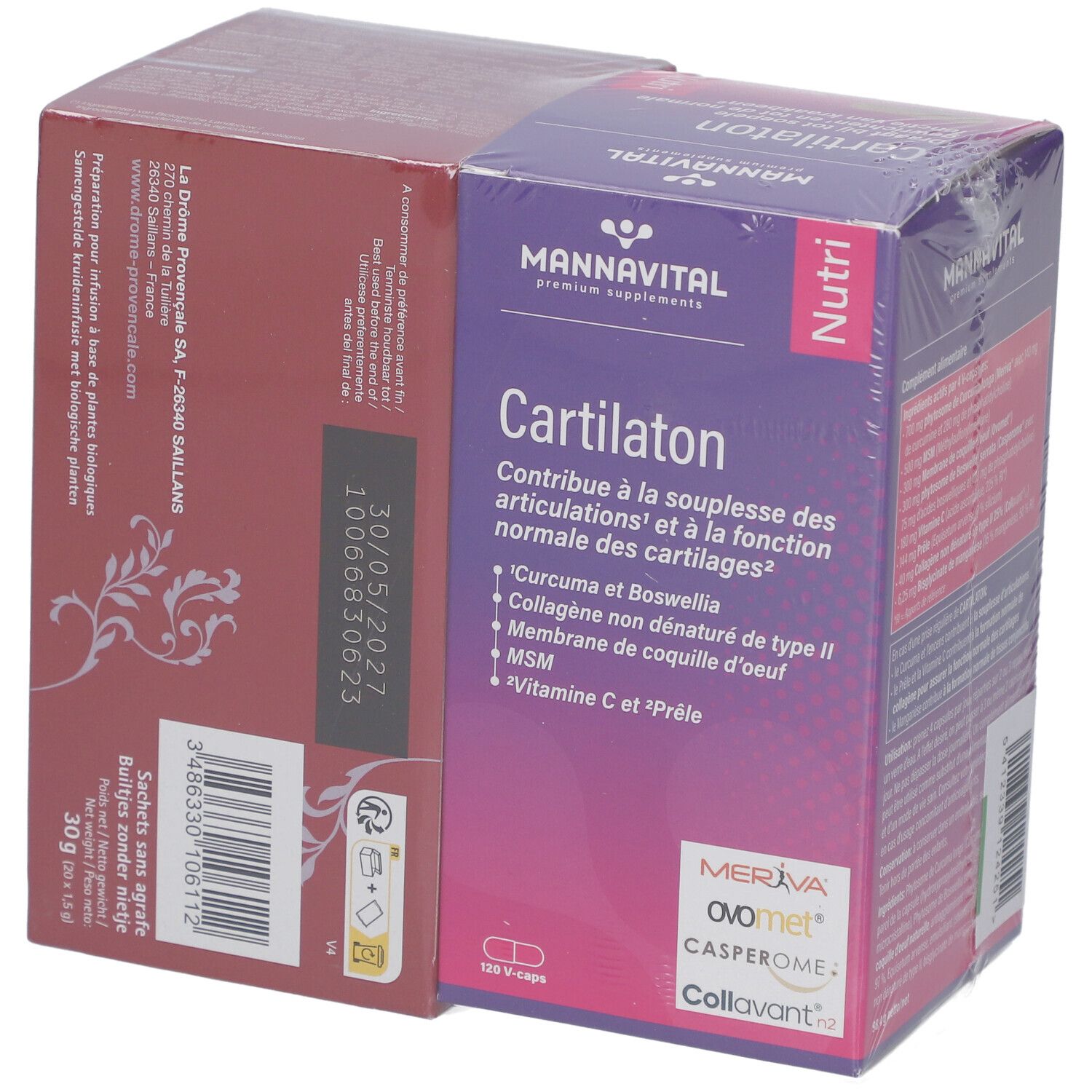 Twee verpakte dozen. "Mannavital Cartilaton" en "Ladrôme Infusion Confort des Articulations". Bedrukkingen met info.