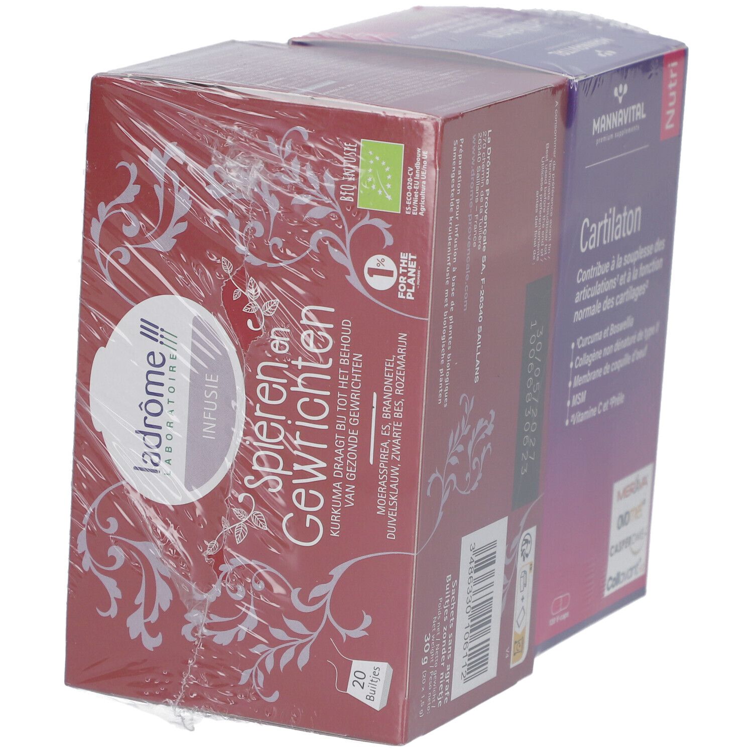 Twee verpakte dozen. "Ladrôme Infusion" met bloemmotief en bio-label. "Mannavital Cartilaton" gedeeltelijk zichtbaar.