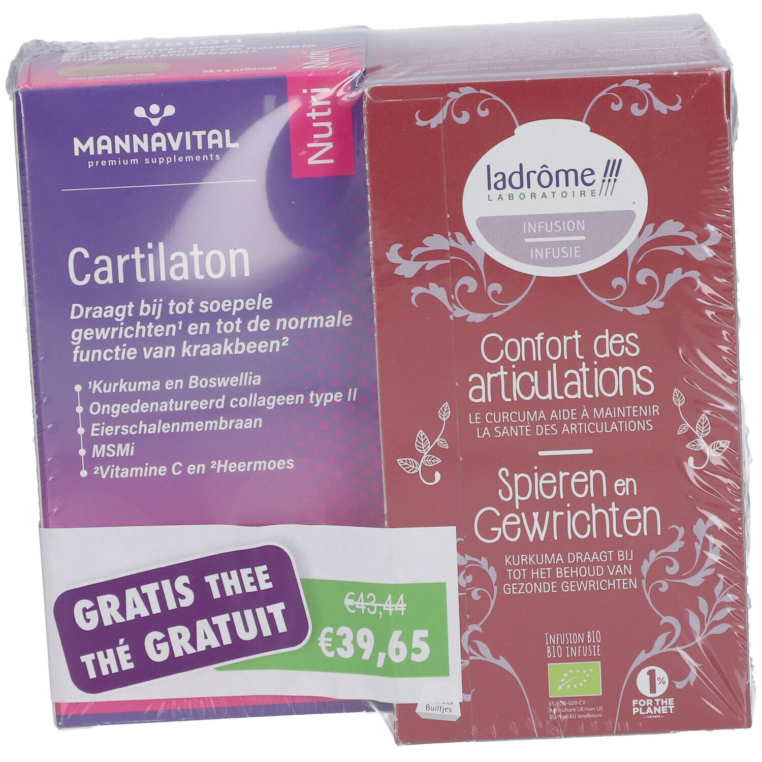 Twee verpakte dozen. "Mannavital Cartilaton" en "Ladrôme Infusion Confort des Articulations". Prijskaartje met korting.