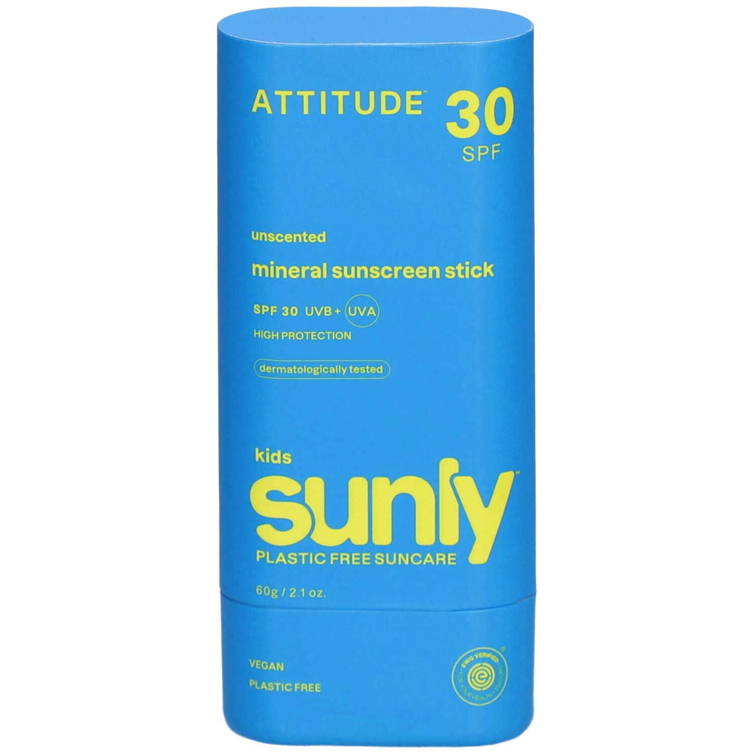 Blauwe stick met gele tekst: ATTITUDE, 30 SPF, Sunly Kids. Unscented mineral sunscreen stick. Dermatologisch getest. Vegan.