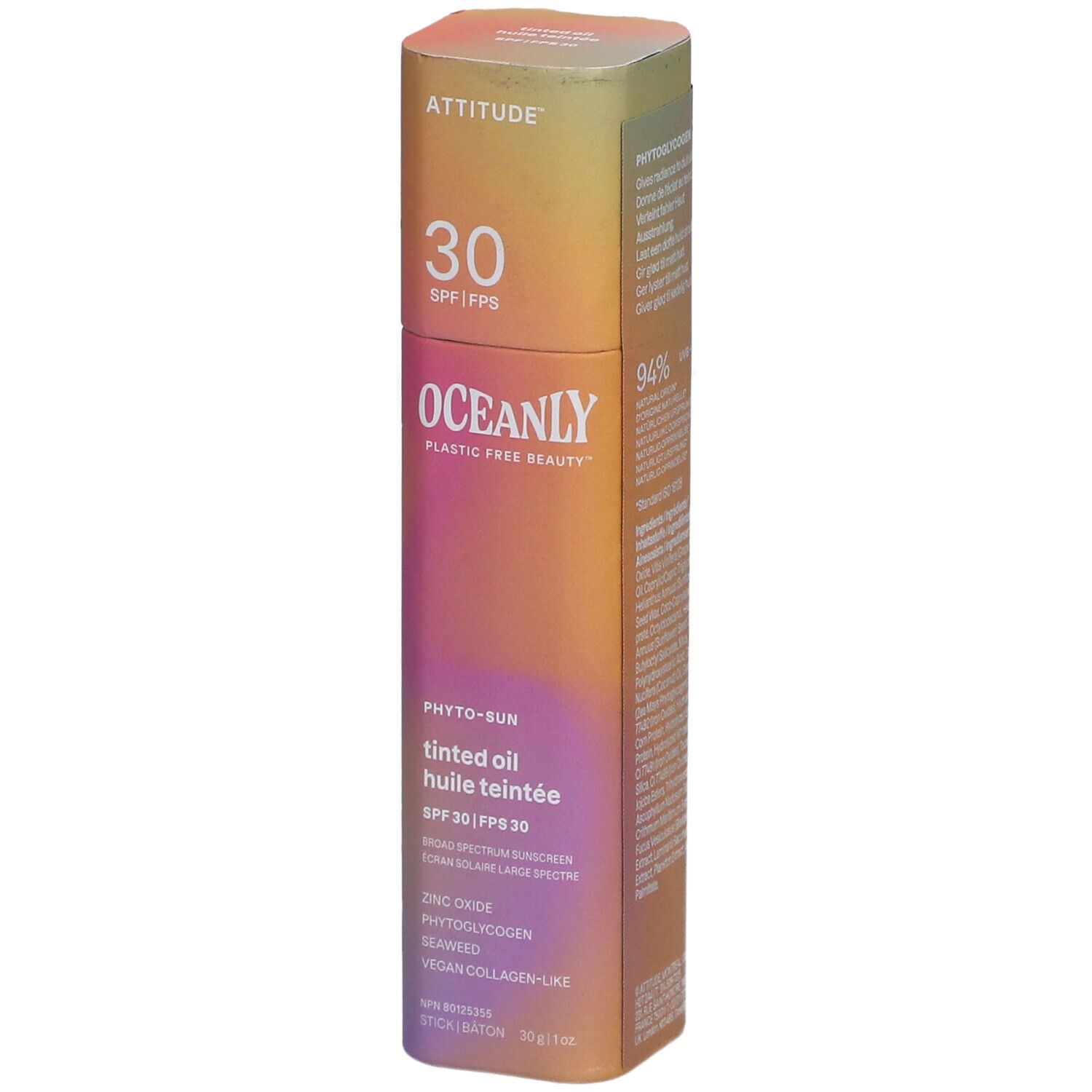 Cilindrische verpakking. ATTITUDE, 30 SPF. OCEANLY, Phyto-Sun, getinte olie, SPF 30. Ingrediënten en details.