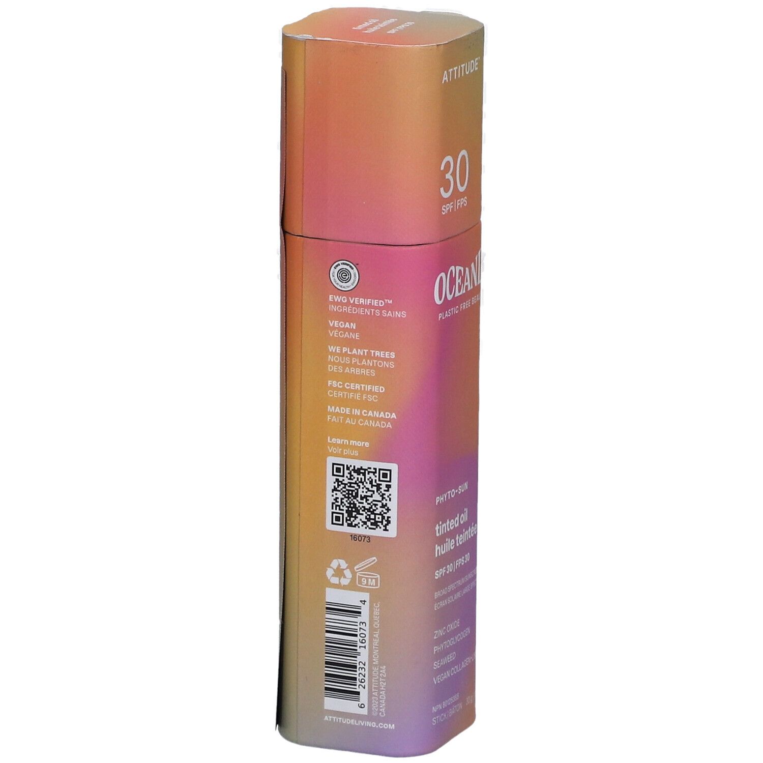 Achterkant van de verpakking. Logo, QR-code, ingrediënten, vegan, Made in Canada. Oranje en roze kleurovergang.