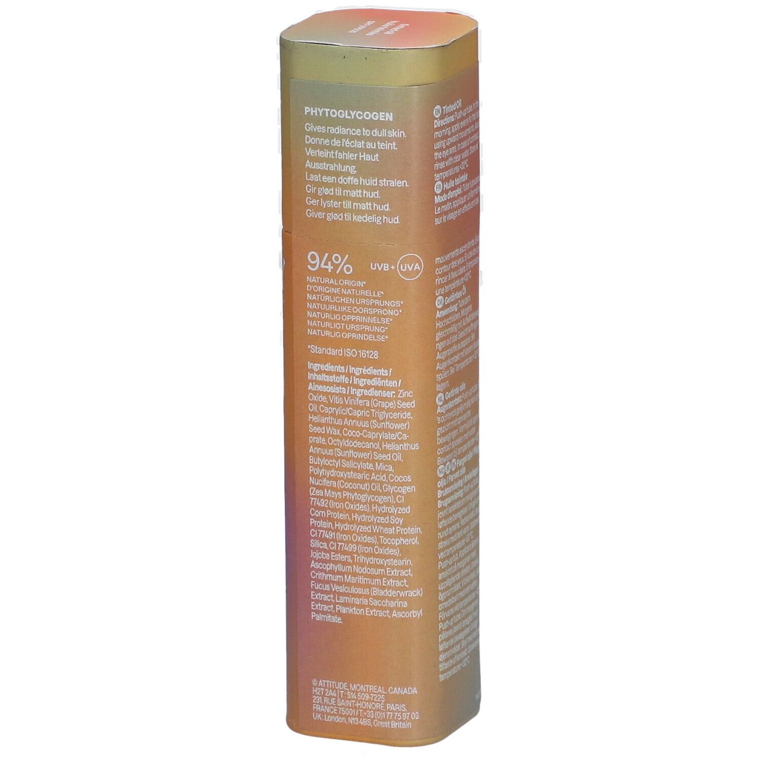 Verpakking met ingrediënten. 94% ingrediënten van natuurlijke oorsprong. UV-bescherming. Oranje en roze kleurovergang.