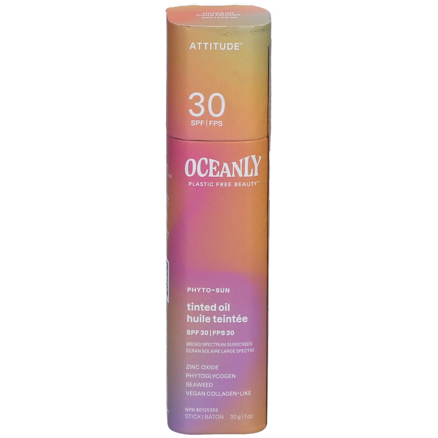 Cilindrische verpakking. ATTITUDE, 30 SPF. OCEANLY, Phyto-Sun, getinte olie, SPF 30. Ingrediënten en details.