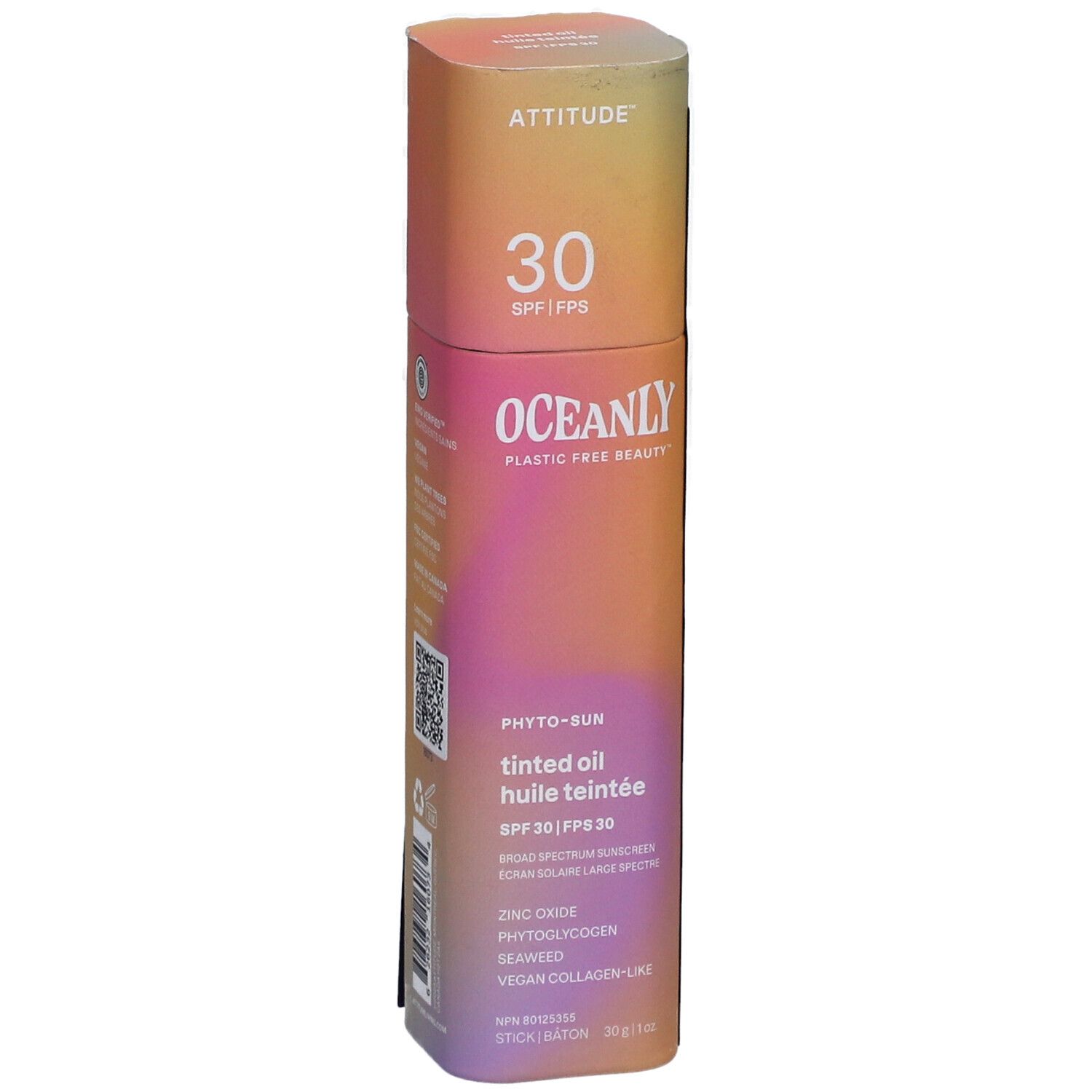 Cilindrische verpakking. ATTITUDE, 30 SPF. OCEANLY, Phyto-Sun, getinte olie, SPF 30. Ingrediënten en details.