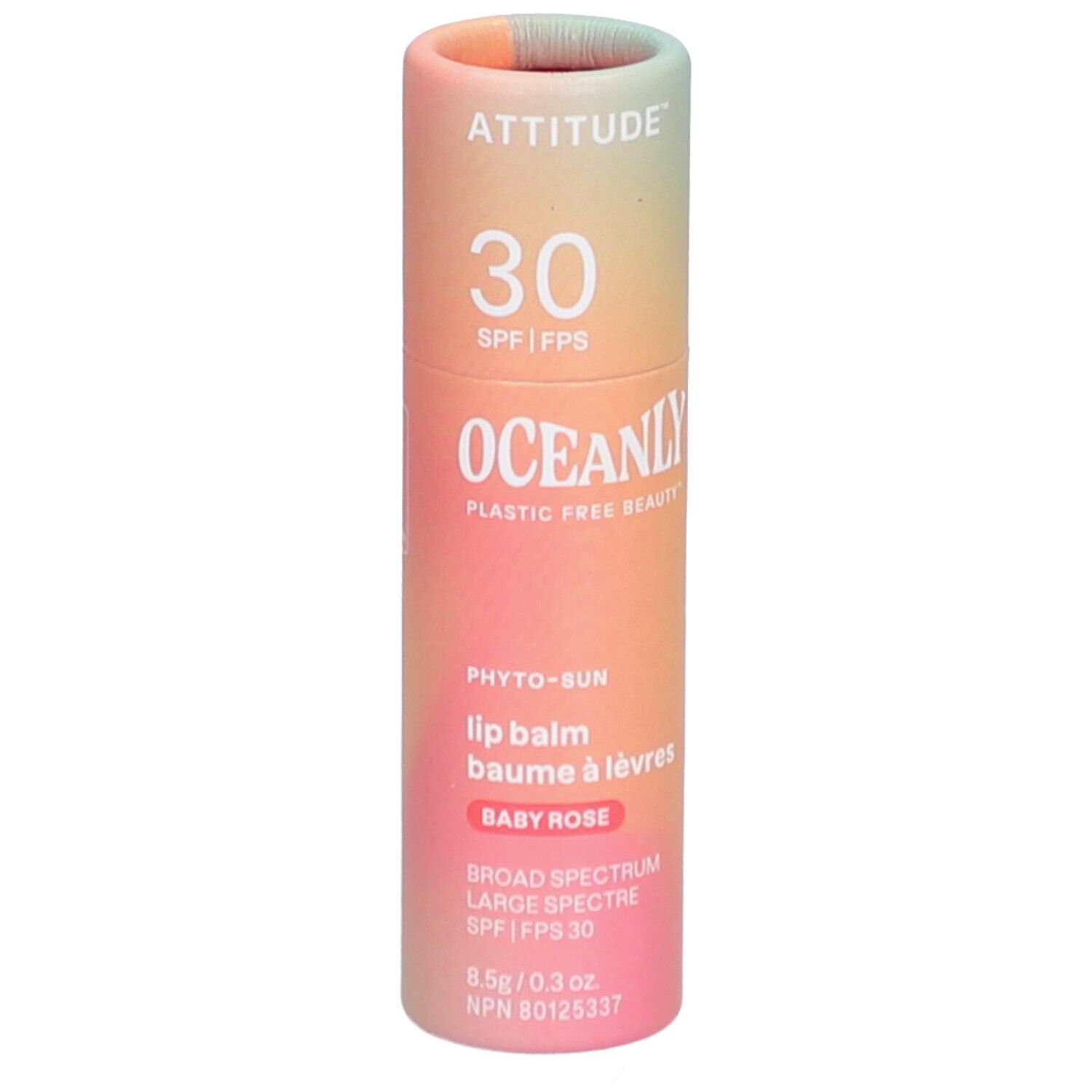 Lipbalmtube met kleurovergang. Tekst: ATTITUDE, 30 SPF, OCEANLY, Phyto-Sun, Baby Rose, SPF 30.