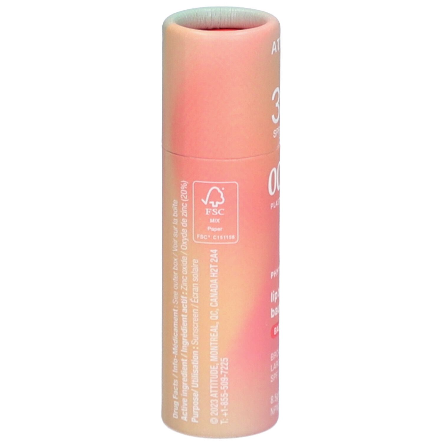 Lipbalmtube met kleurovergang. Tekst: Drug Facts, Active Ingredient, Purpose, FSC-logo, adres.