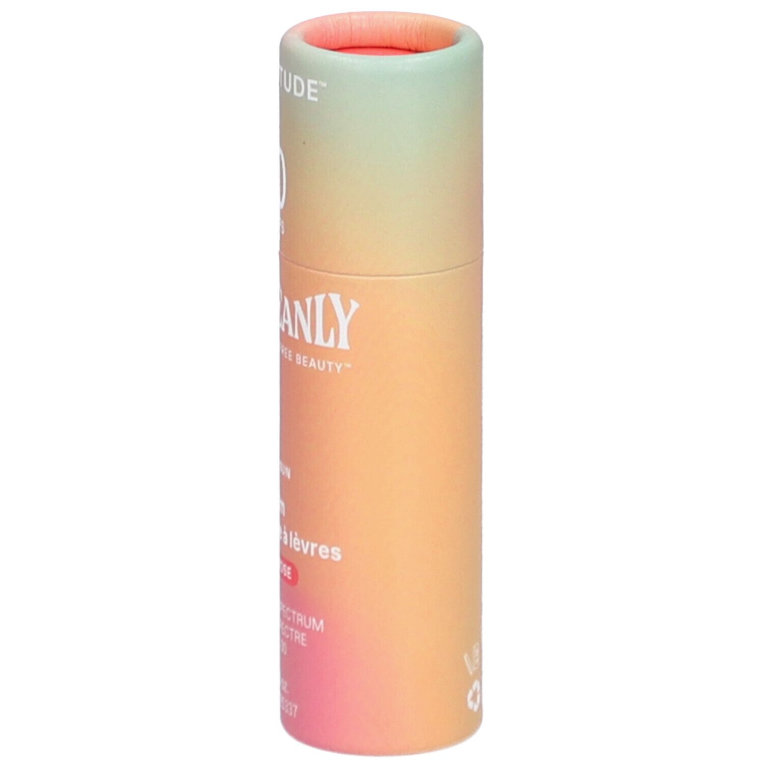 Lipbalmtube met kleurovergang. Tekst: ATTITUDE, 30 SPF, OCEANLY, Phyto-Sun, Baby Rose, SPF 30.