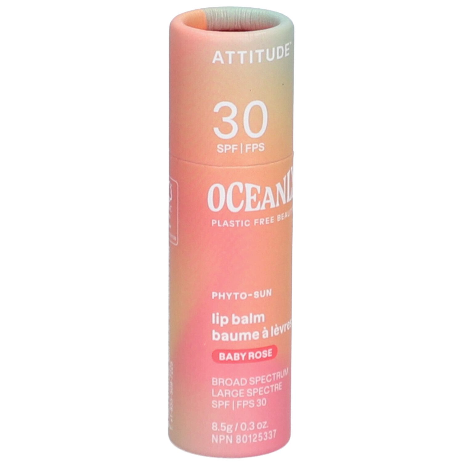 Lipbalmtube met kleurovergang. Tekst: ATTITUDE, 30 SPF, OCEANLY, Phyto-Sun, Baby Rose, SPF 30.