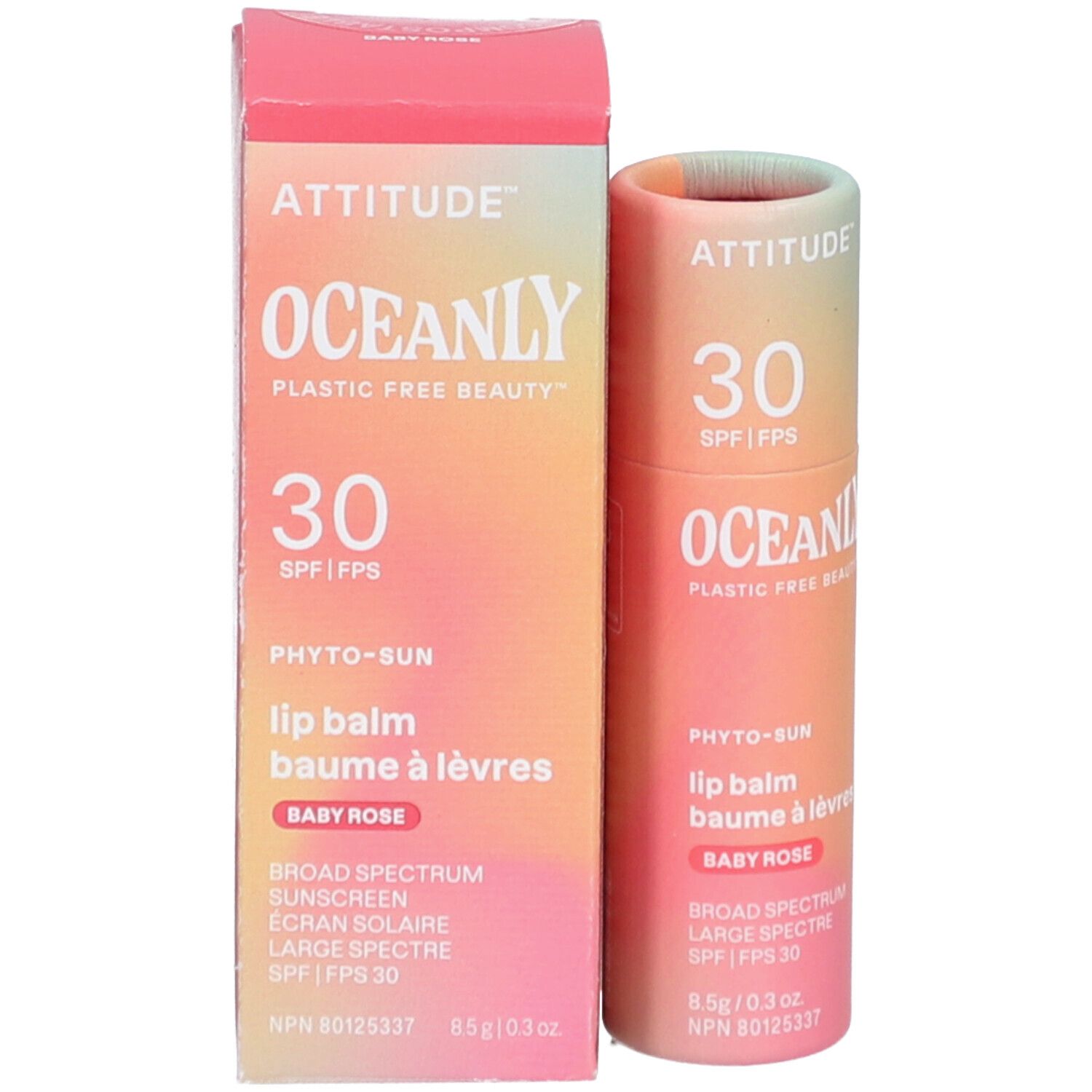 Productverpakking en lipbalmtube. Tekst: ATTITUDE, OCEANLY, 30 SPF, Phyto-Sun, Baby Rose, SPF 30.