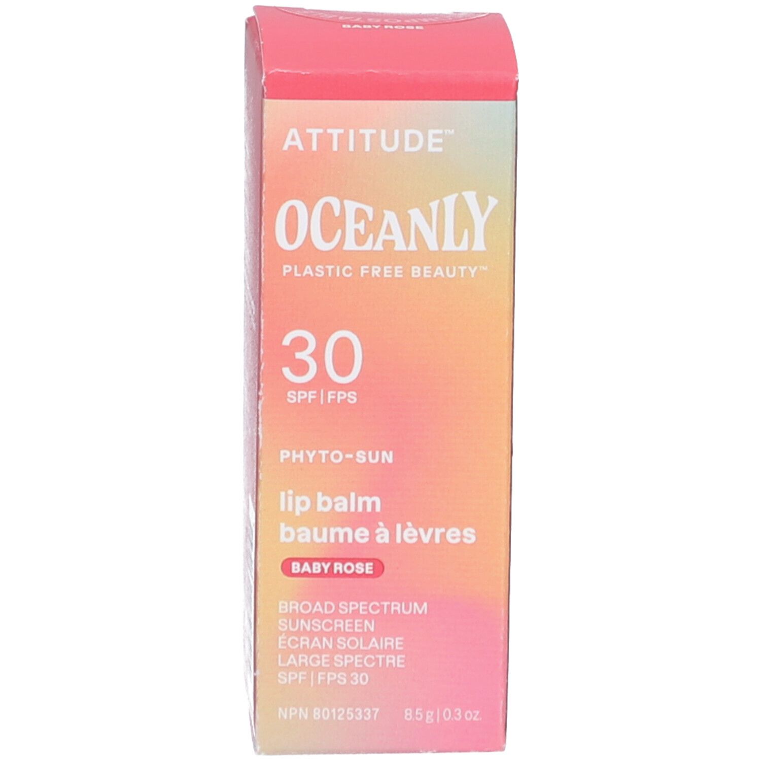 Productverpakking. Tekst: ATTITUDE, OCEANLY, 30 SPF, Phyto-Sun, Baby Rose, SPF 30.