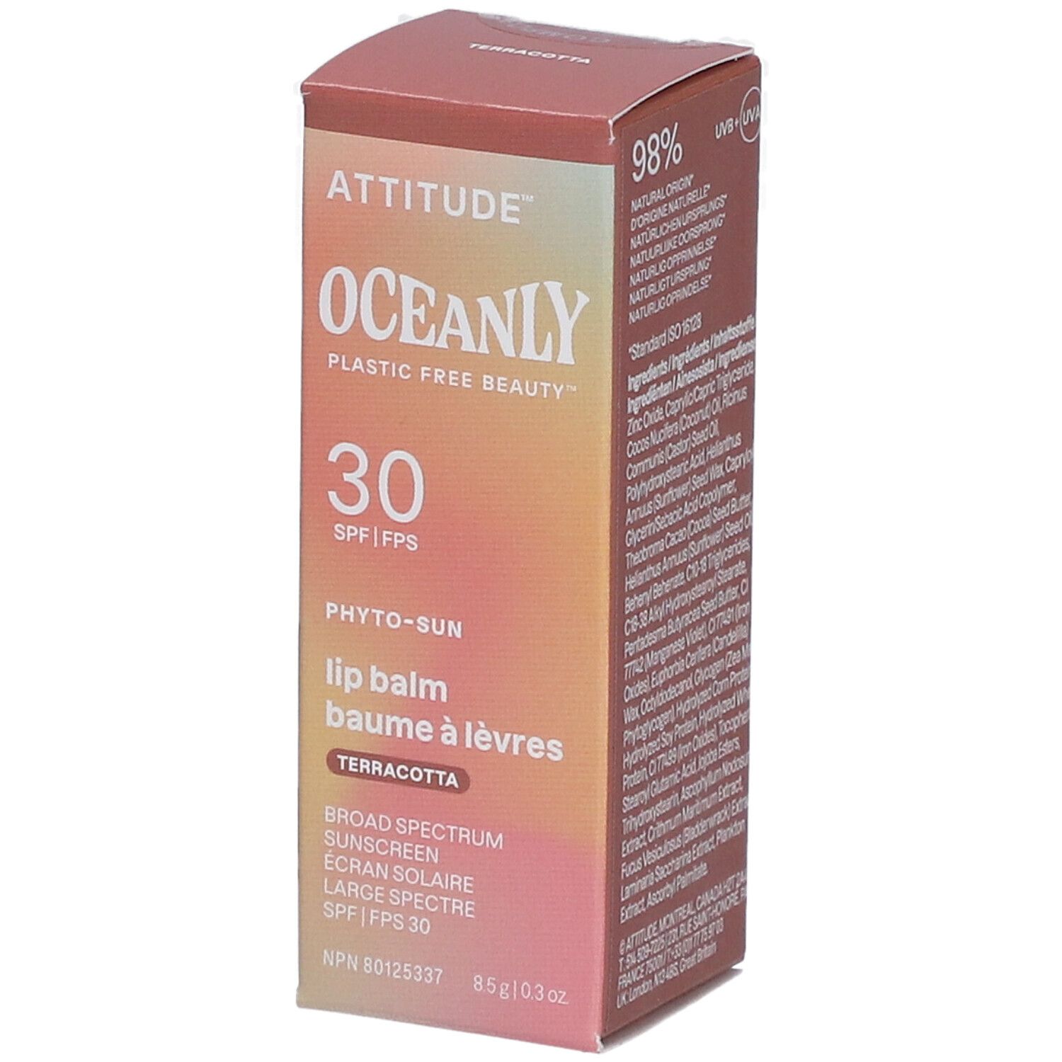 Verpakking van Attitude Oceanly Phyto Sun lippenbalsem. Roze-oranje kleurovergang. Tekst: 30 SPF, Terracotta.