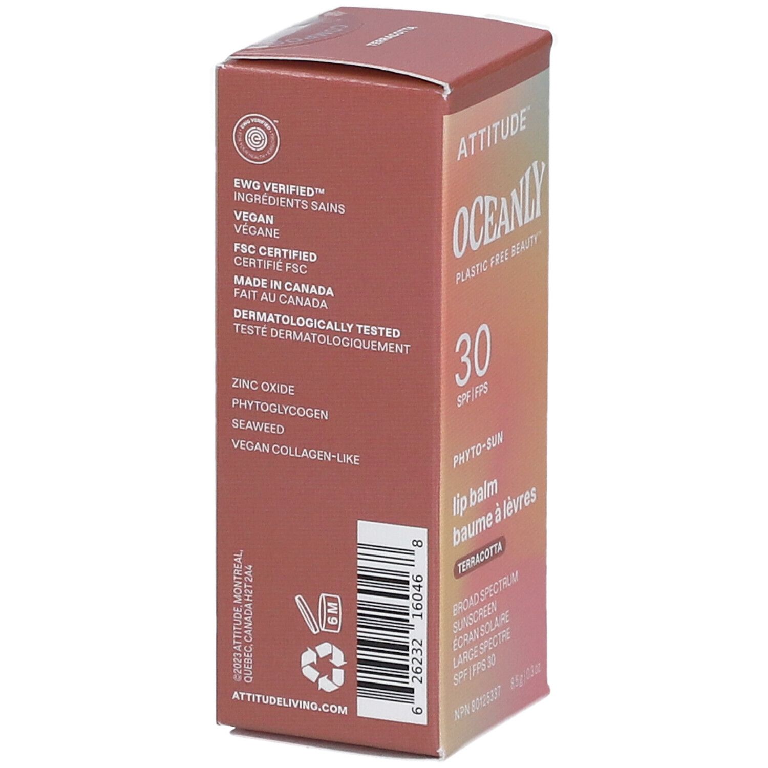 Achterkant van de verpakking van Attitude Oceanly Phyto Sun lippenbalsem. Tekst: EWO Verified, Vegan, FSC Certified.