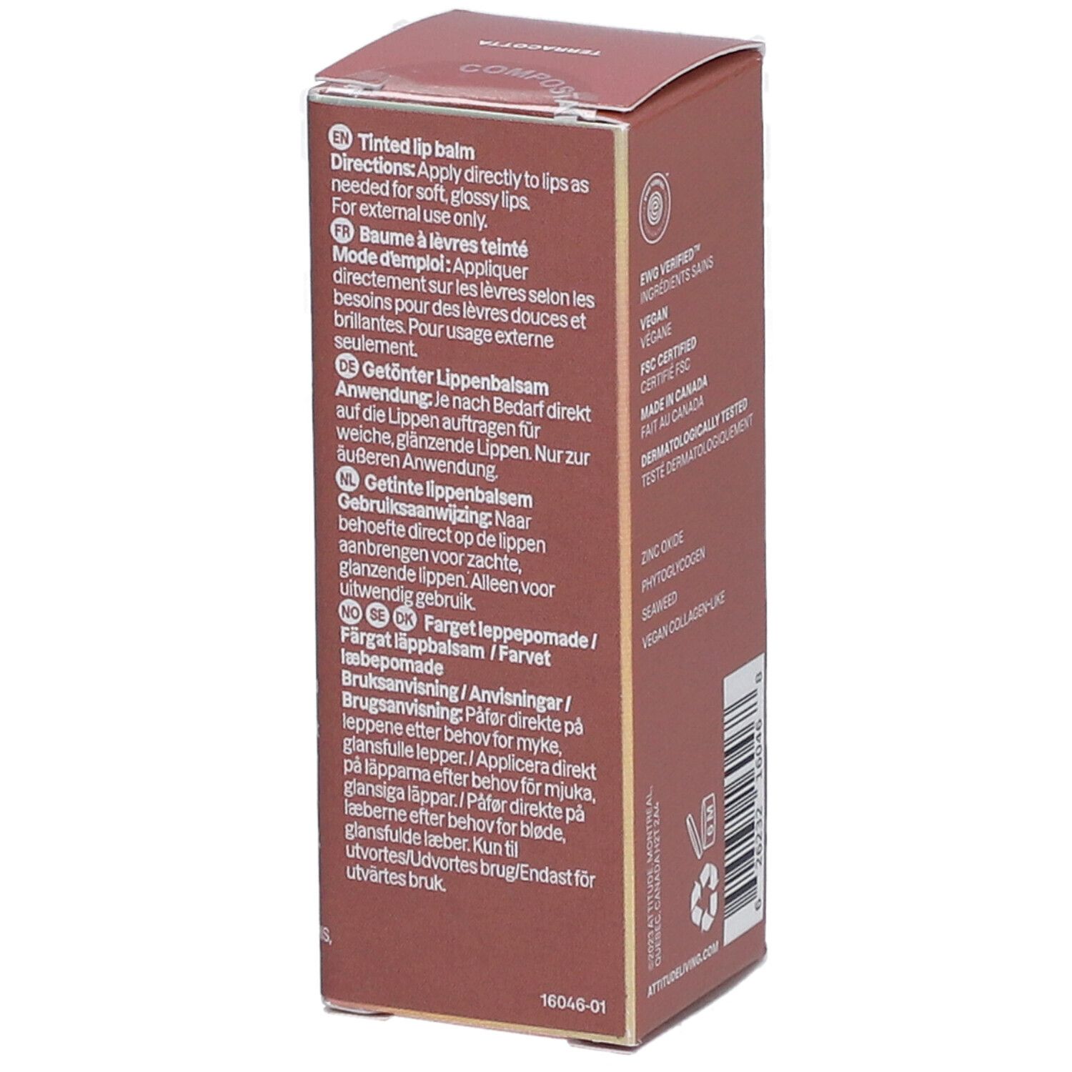 Zijkant van de verpakking van Attitude Oceanly Phyto Sun lippenbalsem. Tekst: Getinte lippenbalsem, gebruiksaanwijzing.