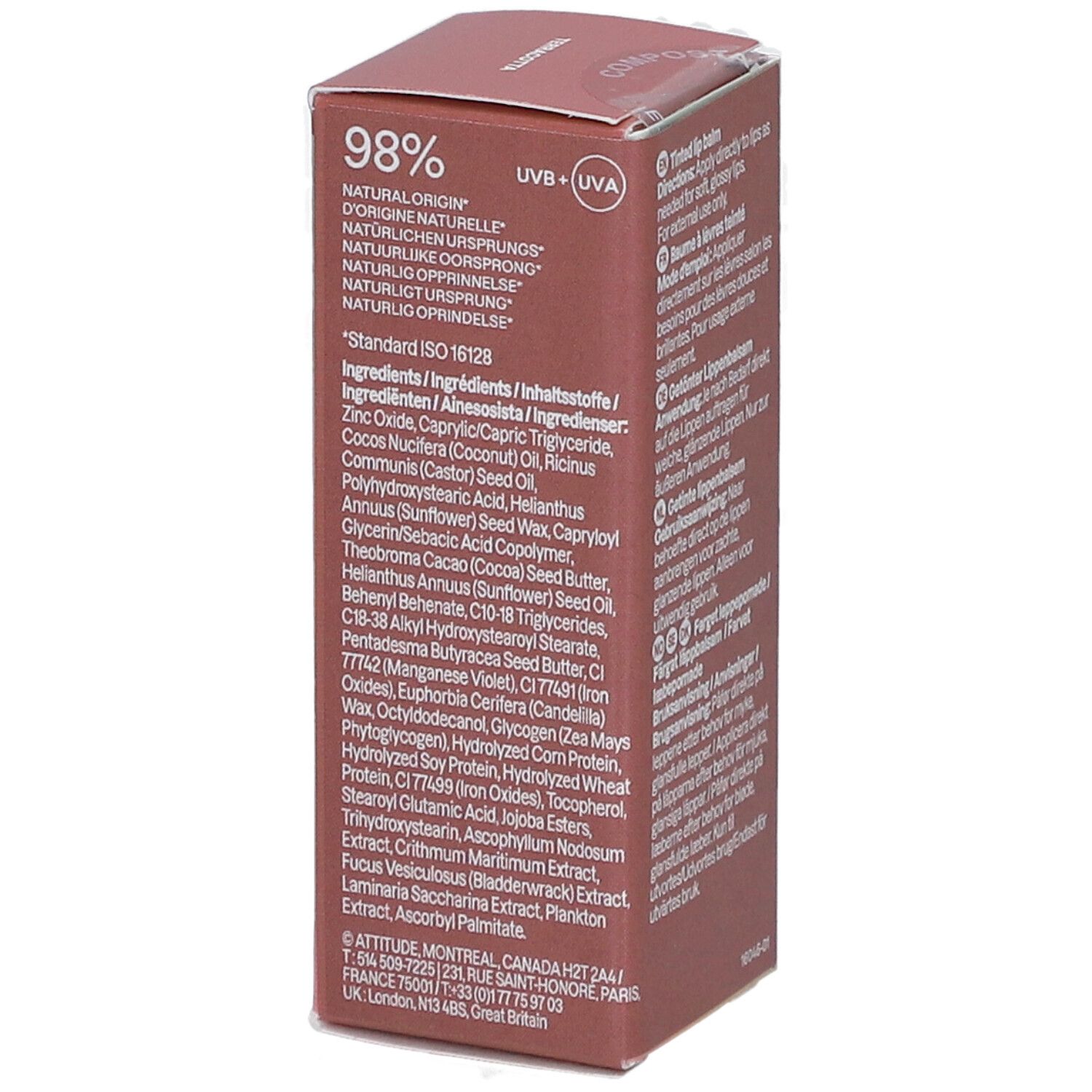 Bovenkant van de verpakking van Attitude Oceanly Phyto Sun lippenbalsem. Tekst: 98% natuurlijke ingrediënten, ingrediënten.