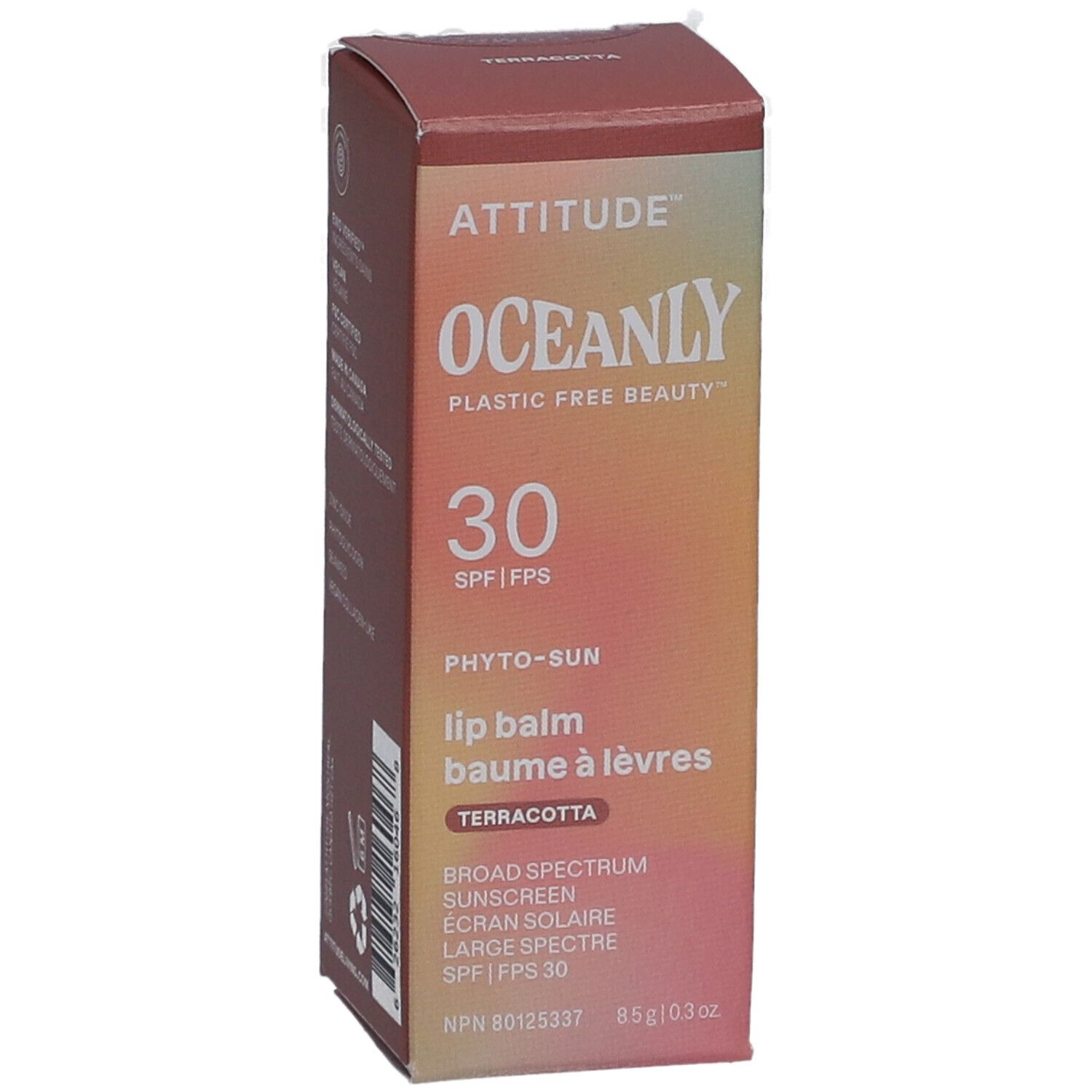 Verpakking van Attitude Oceanly Phyto Sun lippenbalsem. Roze-oranje kleurovergang. Tekst: 30 SPF, Terracotta.