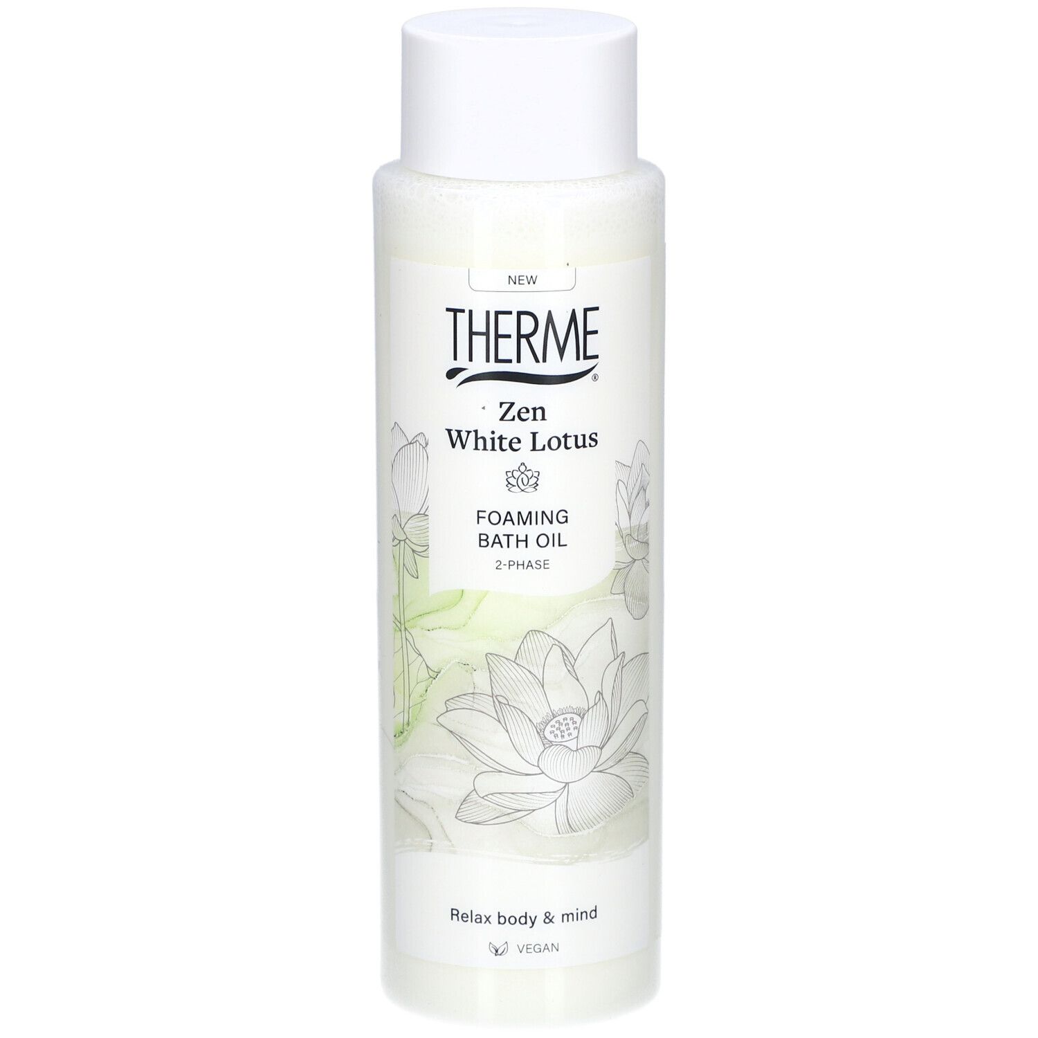 Flacon THERME Zen White Lotus. Inscription: Foaming Bath Oil, 2-Phase. Illustrations de fleurs de lotus. Vegan.