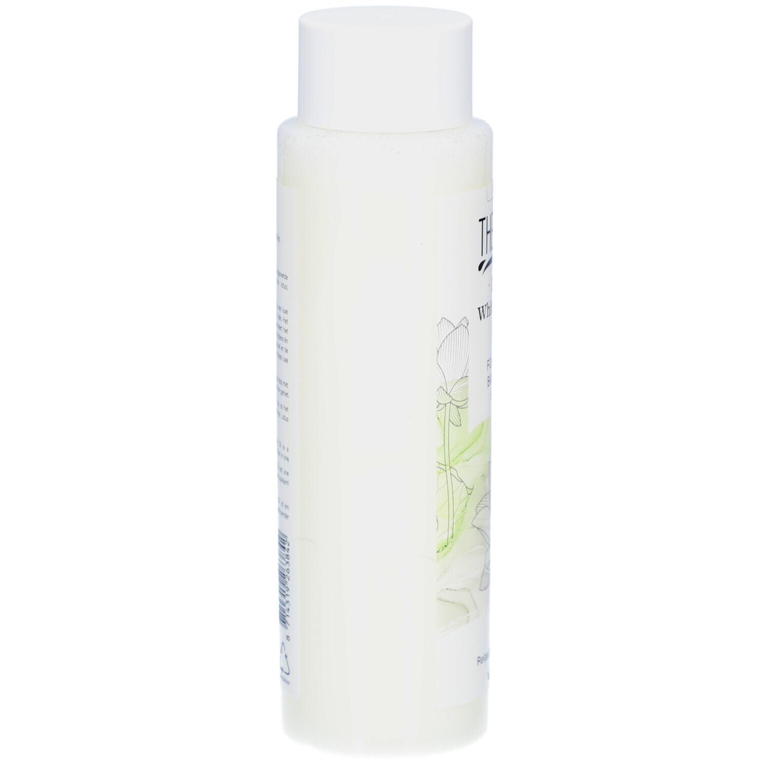 Flacon THERME Zen White Lotus. Flacon blanc avec bouchon blanc. Inscription et illustrations de fleurs de lotus sur le devant.