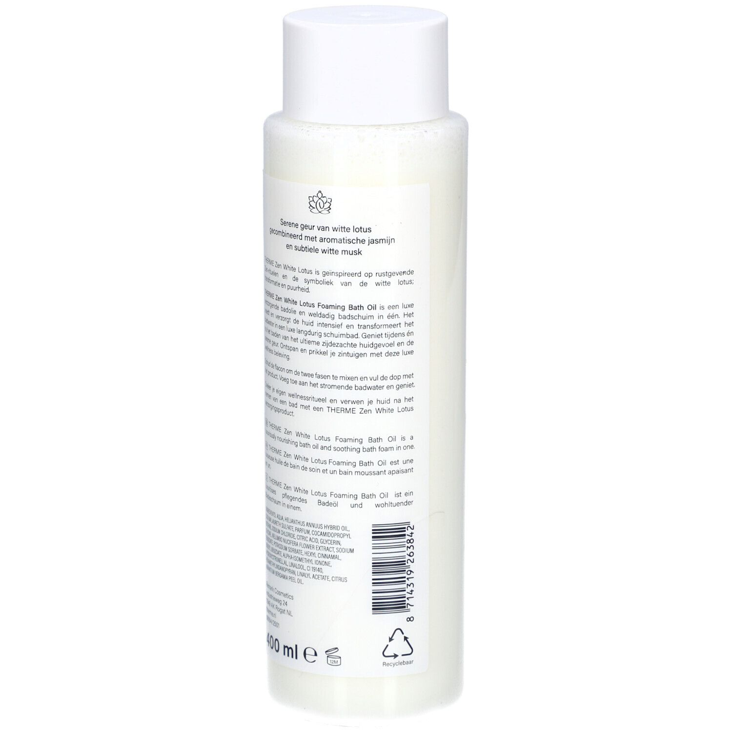 Dos du flacon THERME Zen White Lotus. Texte multilingue. 100 ml. Symbole de recyclage.