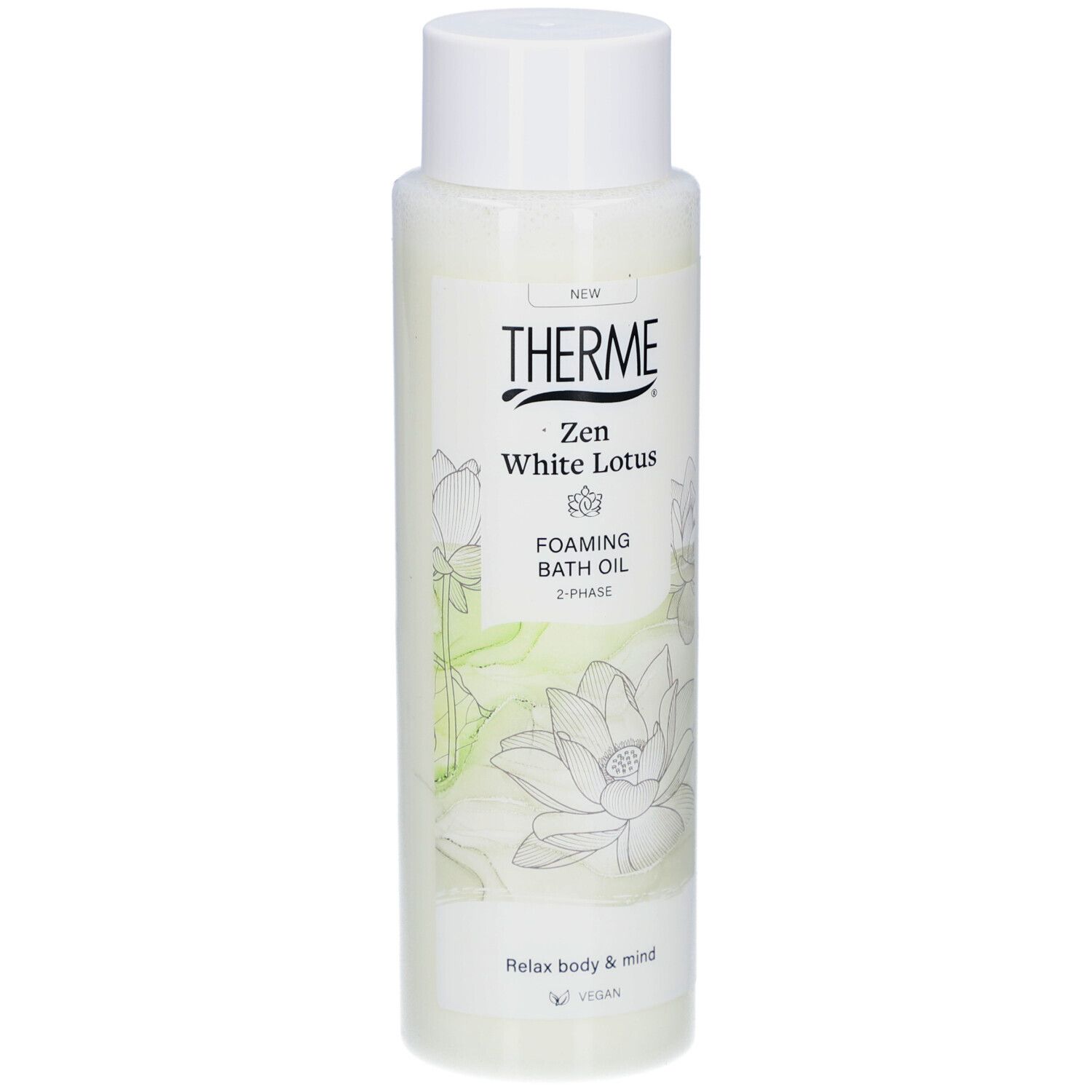Flacon THERME Zen White Lotus. Inscription: Foaming Bath Oil, 2-Phase. Illustrations de fleurs de lotus. Vegan.