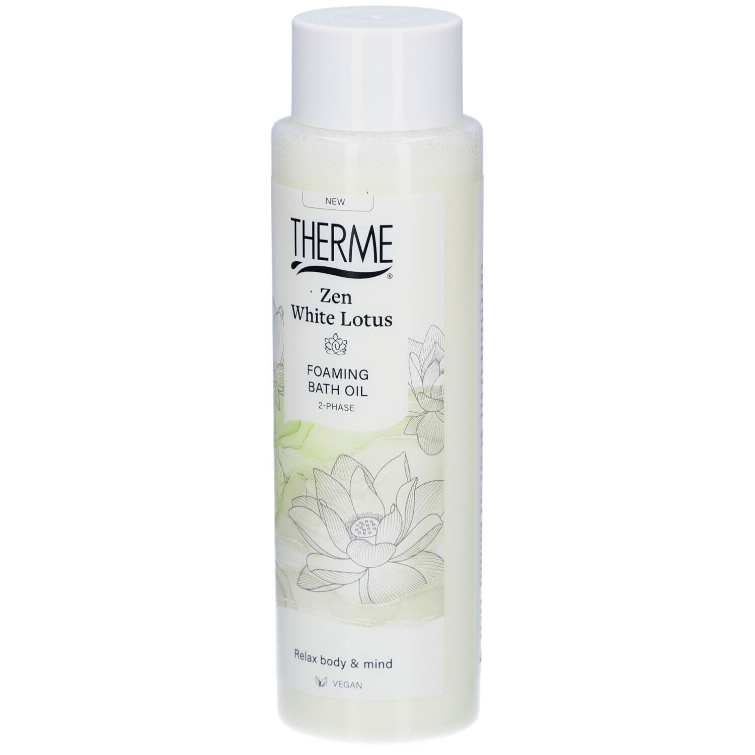 Flacon THERME Zen White Lotus. Inscription: Foaming Bath Oil, 2-Phase. Illustrations de fleurs de lotus. Vegan.