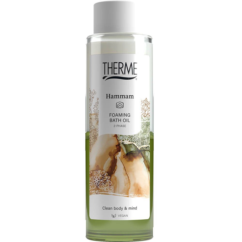 Therme Hammam, Schuimbadolie, 2-fasen. Transparante fles met groenige vloeistof en witte dop.
