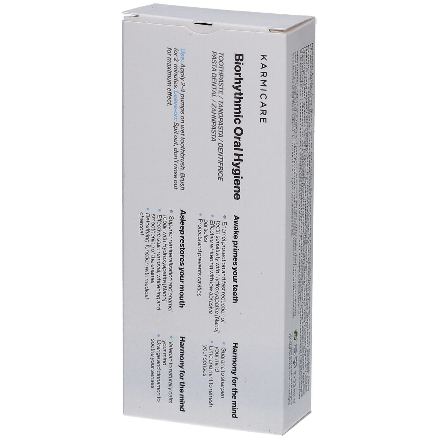 Emballage avec informations sur le produit. Inscription : Biorhythmic Oral Hygiene. Marque : Karmicare. Texte sur l'utilisation.