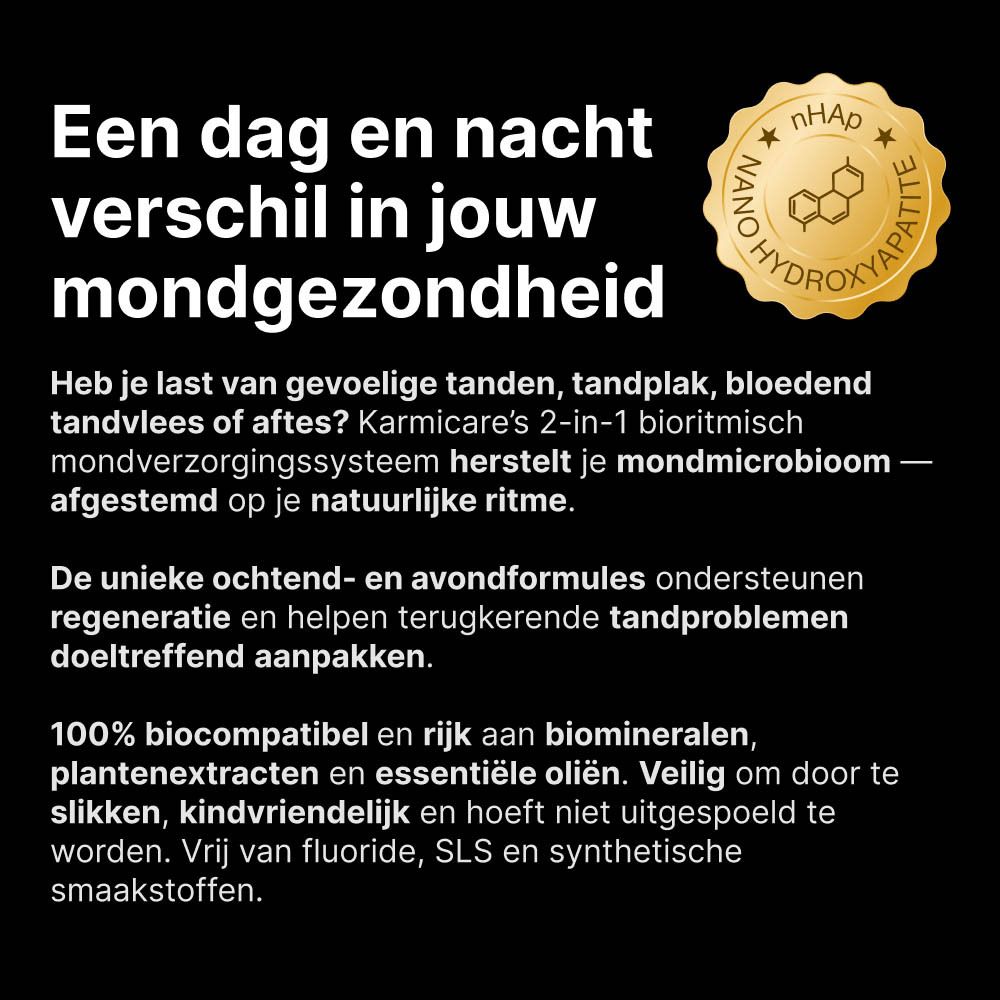 Tekst en afbeeldingen. Thema: mondgezondheid. Merk: Karmicare. Productinformatie.