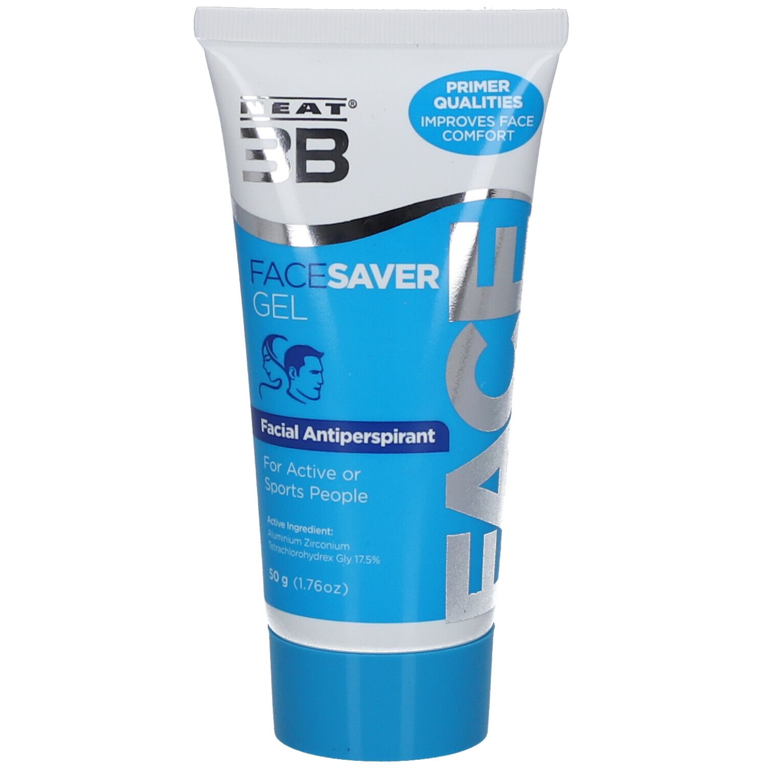 Tube met blauwe dop. Opschrift: FACE SAVER GEL, Facial Antiperspirant. Bevat Aluminium Zirconium Tetrachlorohydrex Gly 17,5%.