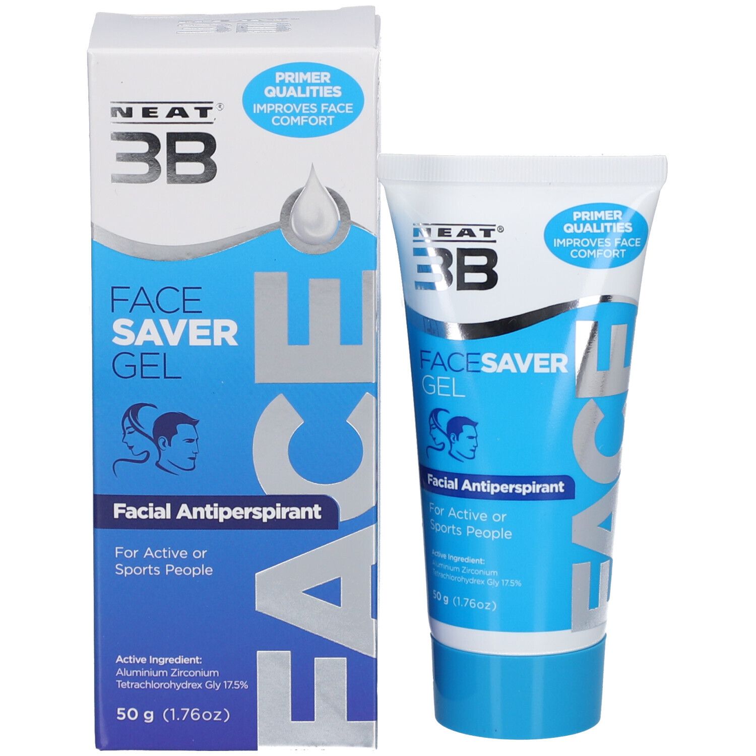 Product en verpakking. Tube en doos met opschrift FACE SAVER GEL, Facial Antiperspirant. 50g (1.76oz).