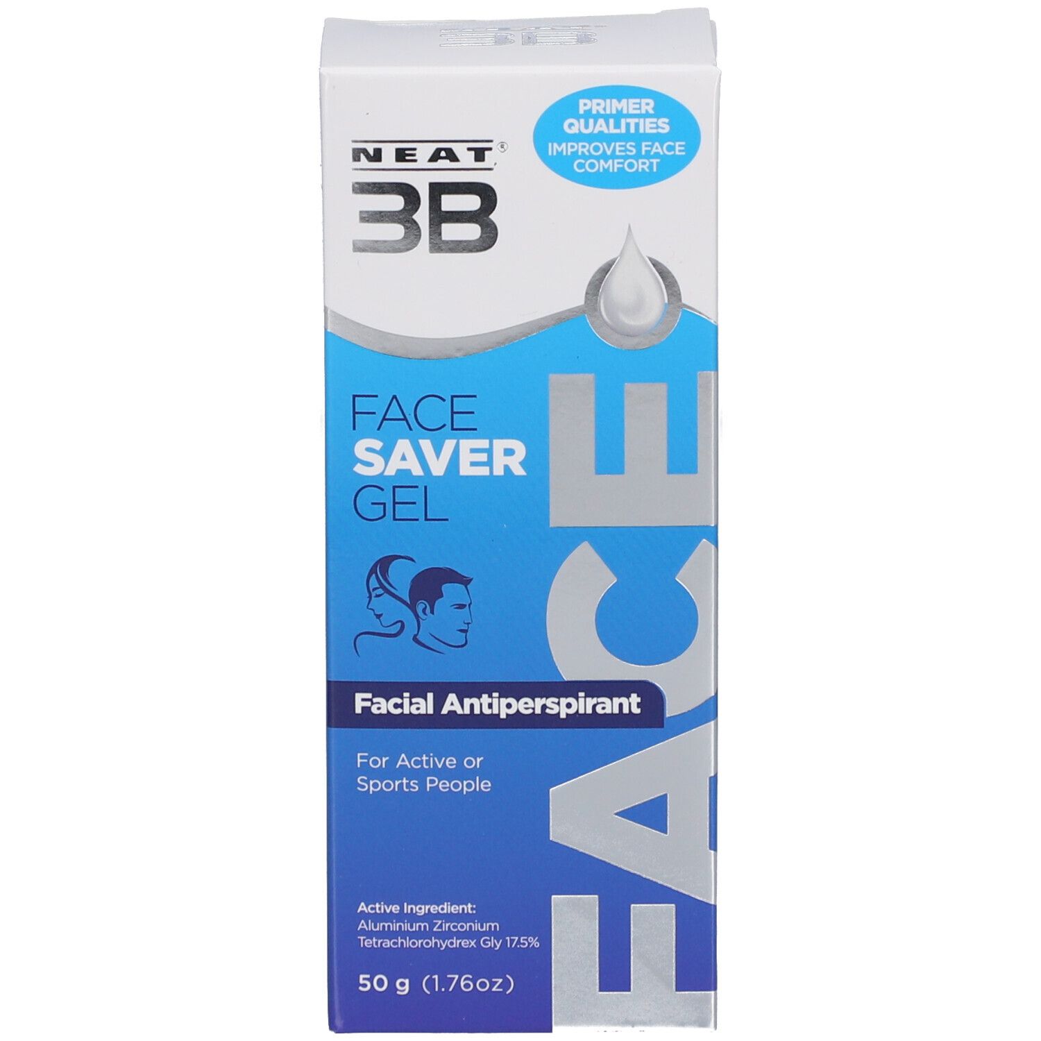 Doos met opschrift FACE SAVER GEL, Facial Antiperspirant. Bevat informatie over ingrediënten en gebruik.