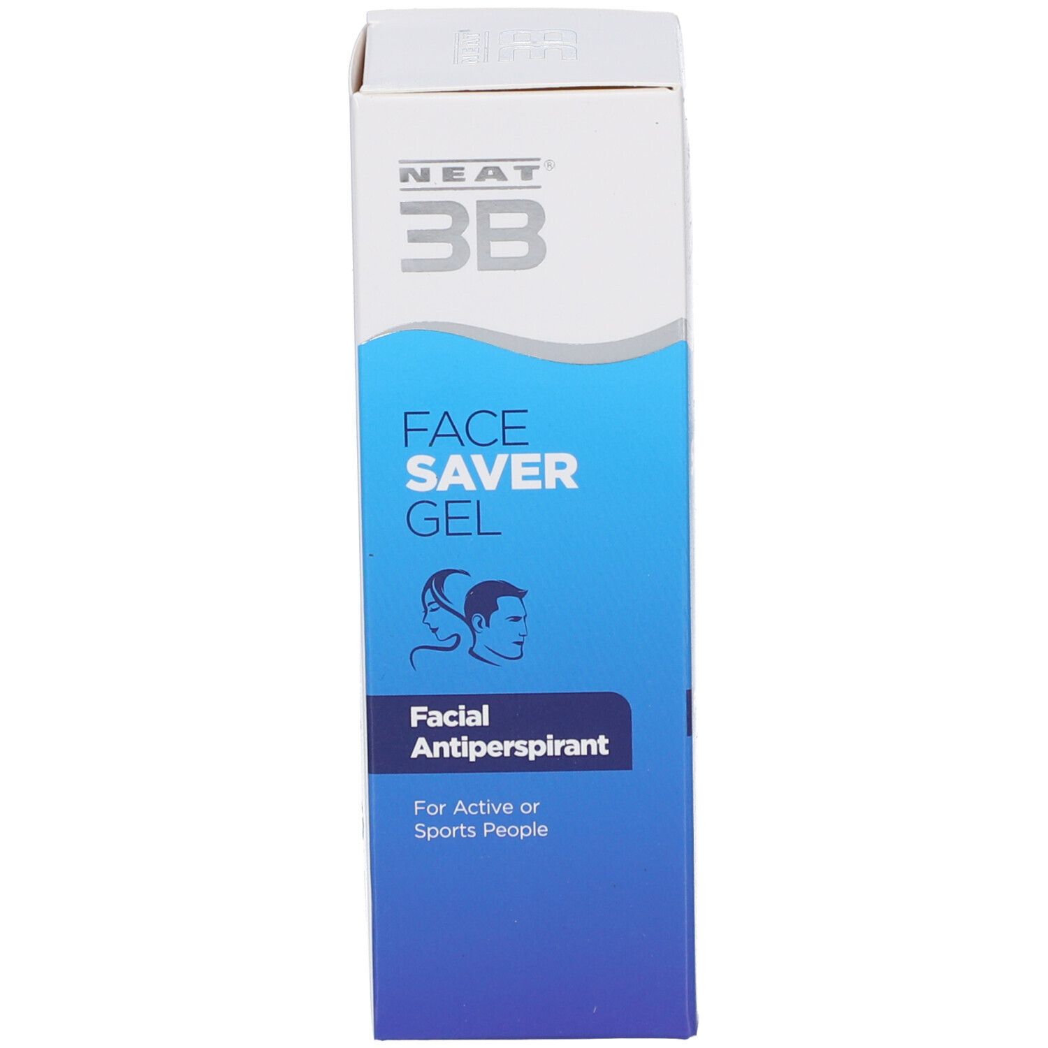 Doos met opschrift FACE SAVER GEL, Facial Antiperspirant. Blauwe en witte kleuren. Bevat productinformatie.