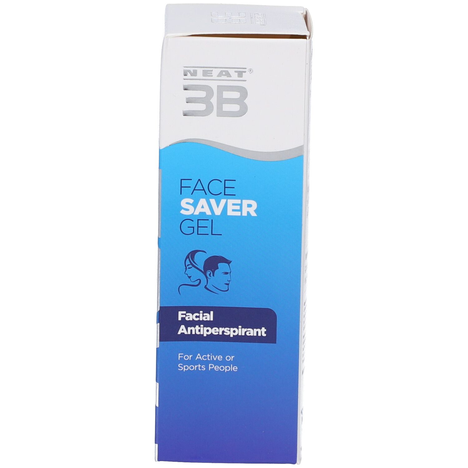 Doos met opschrift FACE SAVER GEL, Facial Antiperspirant. Blauwe en witte kleuren. Bevat productinformatie.