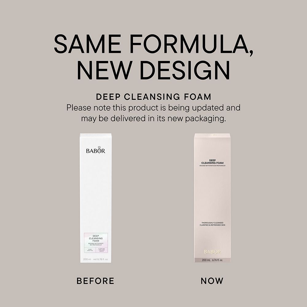 Vergelijking: oud en nieuw design. Fles en verpakking. Opschrift: DEEP CLEANSING FOAM. Merk: BABOR.