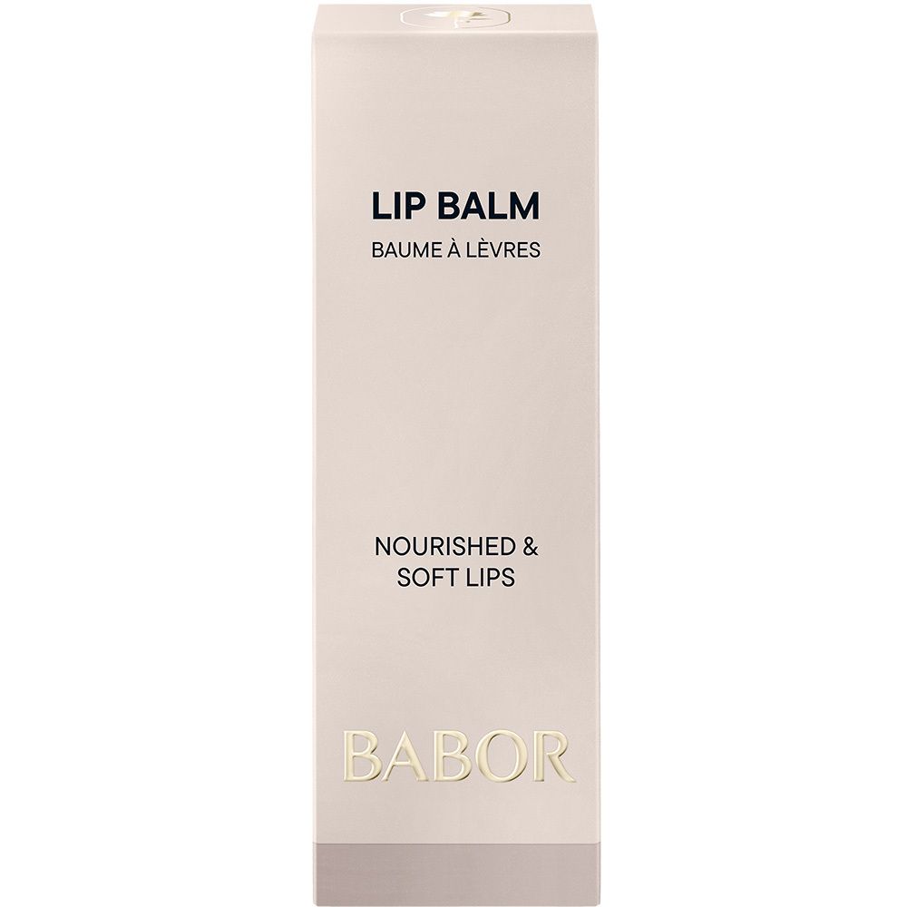 Boîte blanche avec LIP BALM, BAUME À LÈVRES, NOURISHED & SOFT LIPS et BABOR.