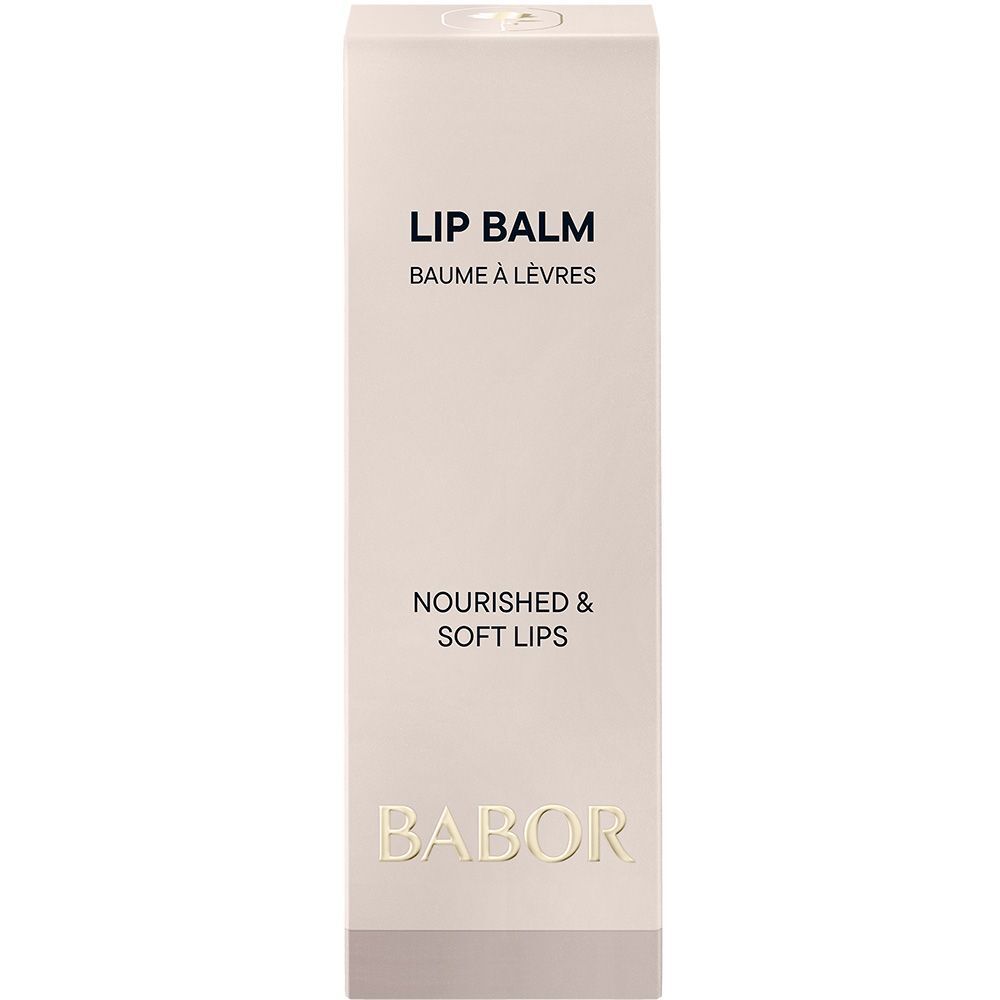Kartonnen verpakking voor lippenbalsem. Tekst: LIP BALM, BAUME À LÈVRES, NOURISHED & SOFT LIPS, BABOR.