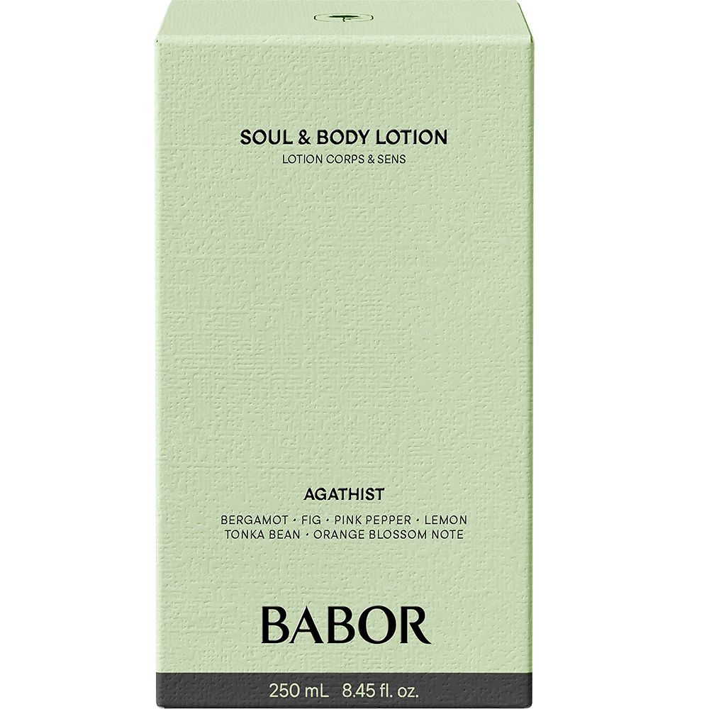 Groene doos. Opschrift: Soul & Body Lotion Agathist, Babor, 250 ml.