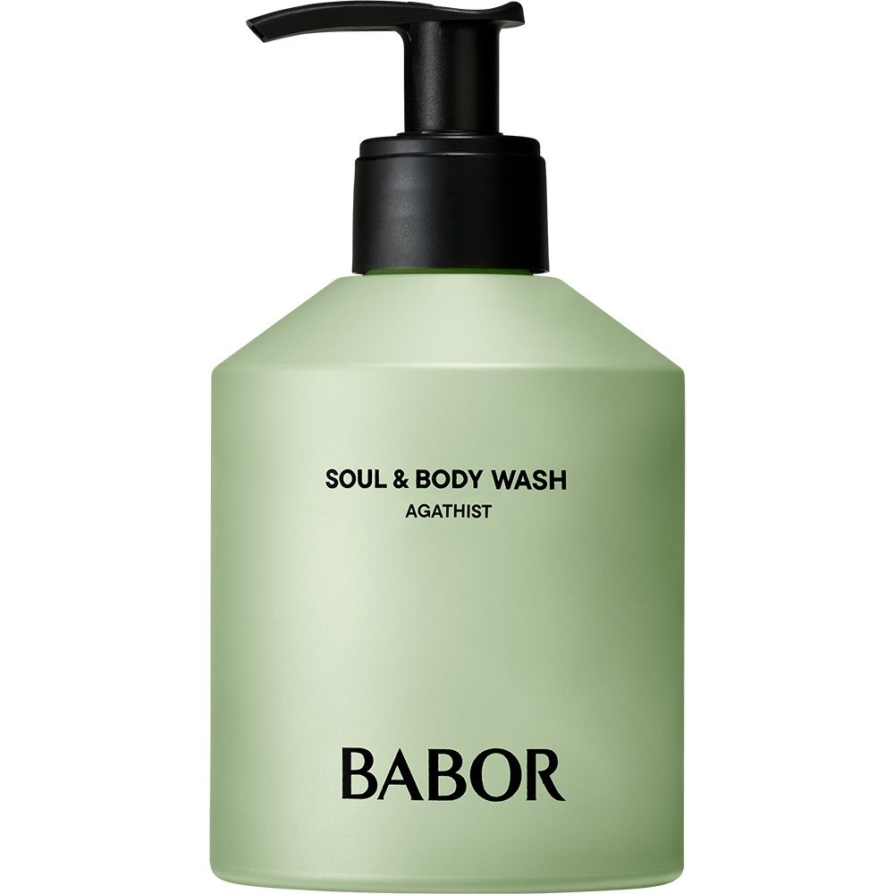 Lichtgroene fles met zwarte pomp. Opschrift: Soul & Body Wash Agathist, Babor.