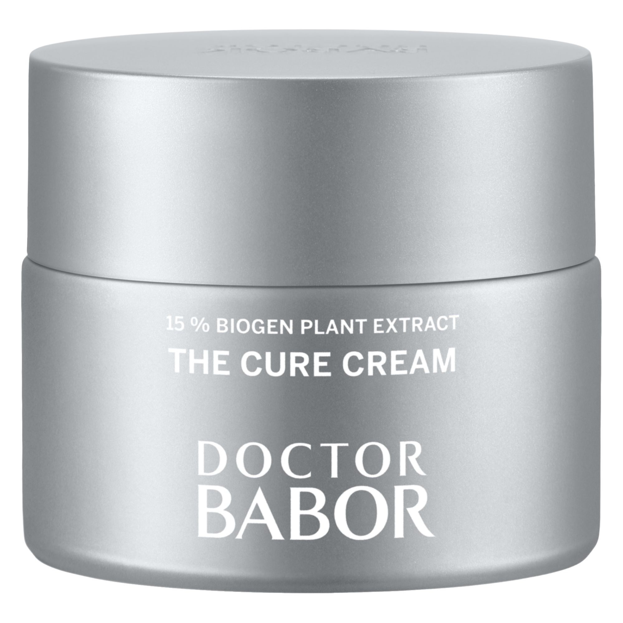 Pot de crème gris avec couvercle. Inscription : THE CURE CREAM, DOCTOR BABOR, 15% Biogen Plant Extract.