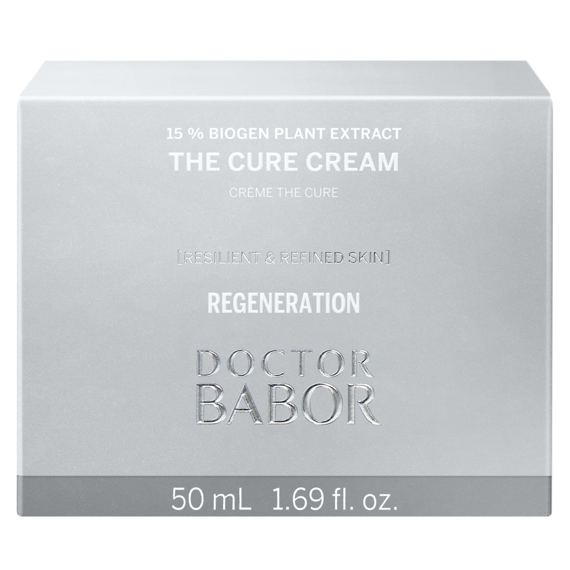 Boîte grise. Inscription : THE CURE CREAM, DOCTOR BABOR, 50 ml, 15% Biogen Plant Extract.
