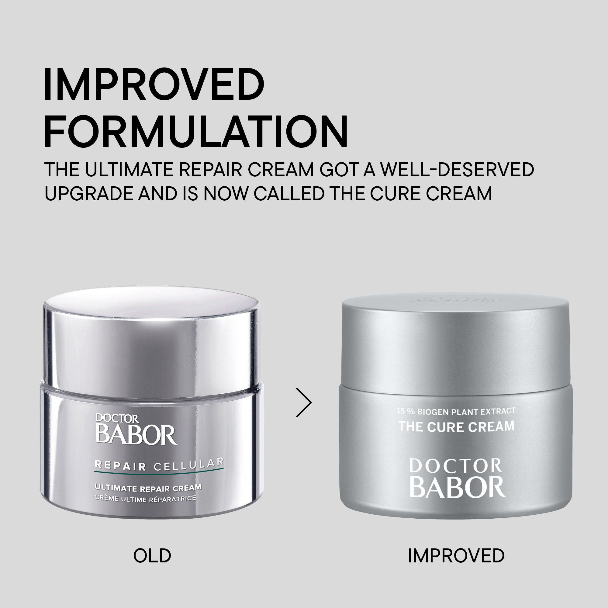 Comparaison : ancien et nouveau pot de crème. Inscription : THE CURE CREAM, DOCTOR BABOR, Repair Cellular.