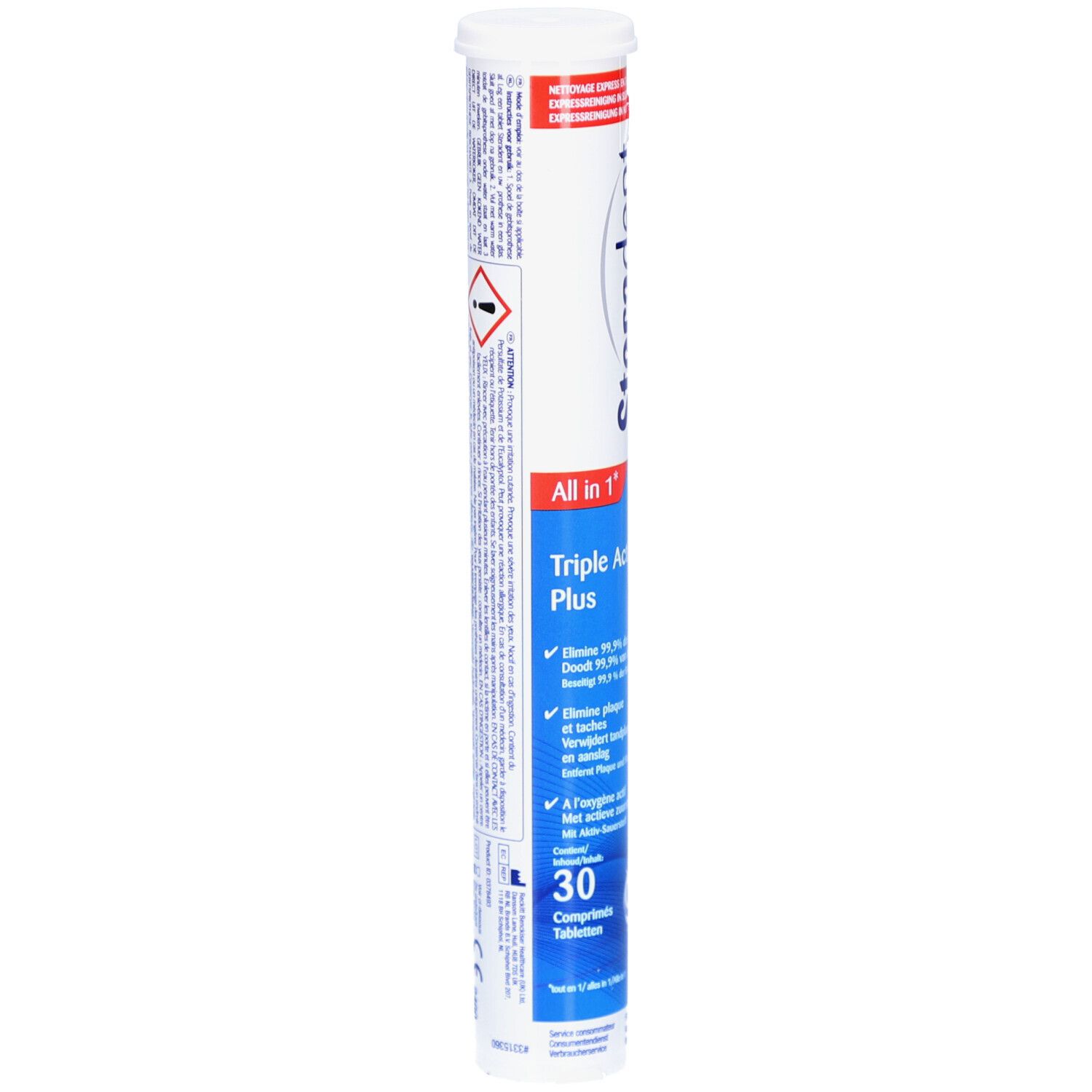 Emballage cylindrique de Steradent Triple Action Plus. Contient 30 comprimés. Inscription: All in 1, Triple Action Plus.