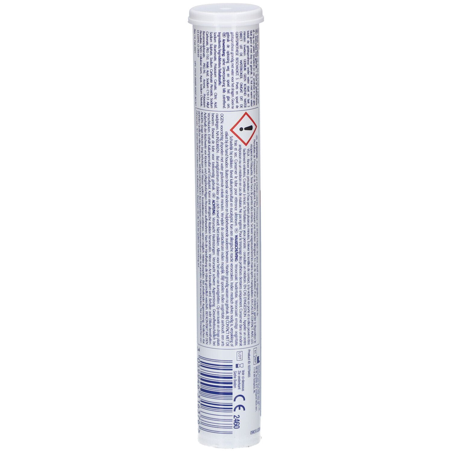 Emballage cylindrique de Steradent Triple Action Plus. Dos avec texte et symbole de danger.