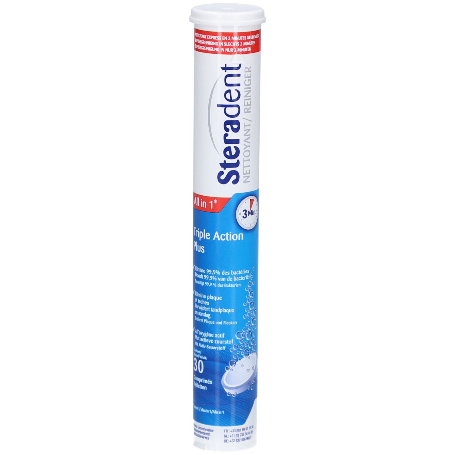 Emballage cylindrique de Steradent Triple Action Plus. Inscription: Nettoyant, 3 minutes, 30 comprimés.
