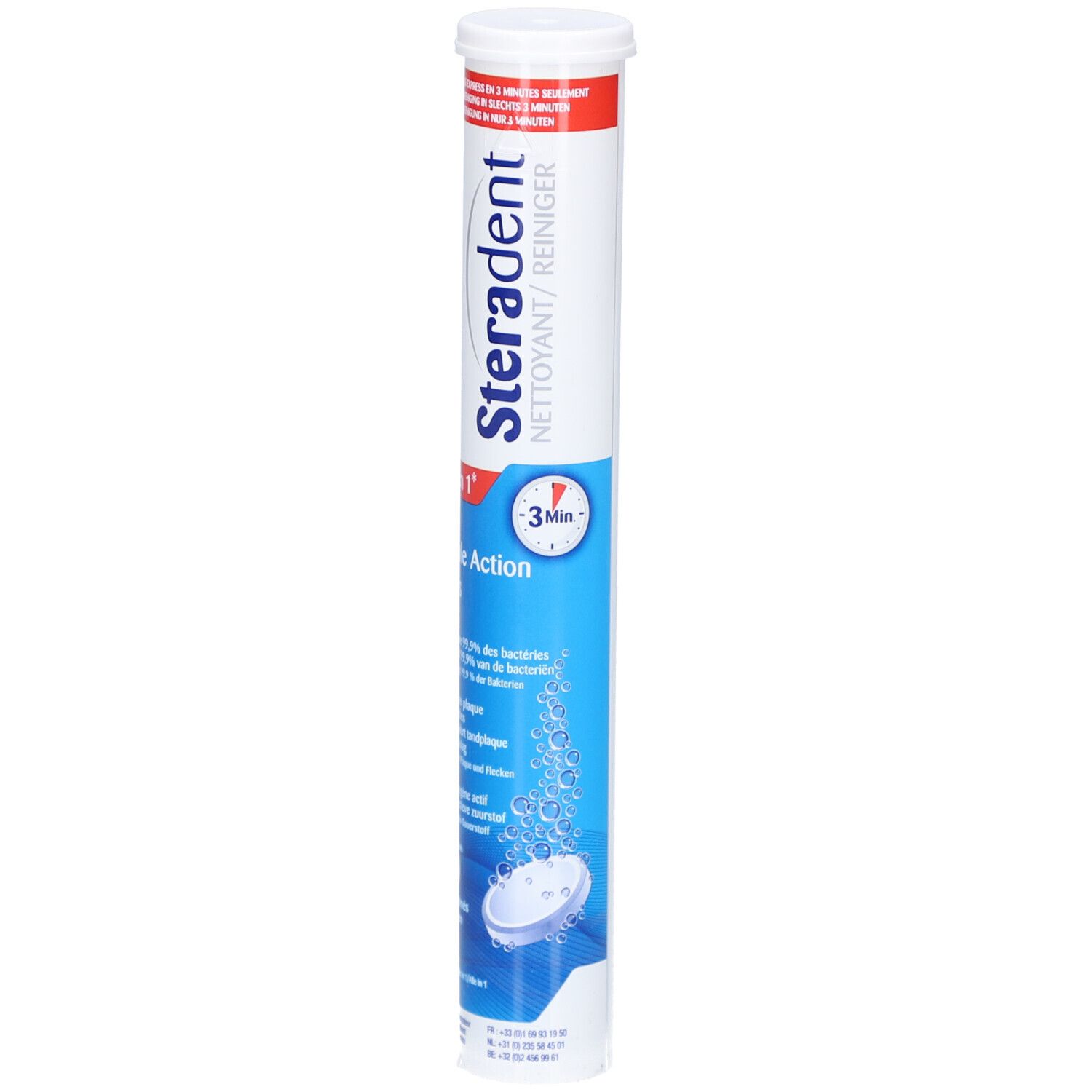 Emballage cylindrique de Steradent Triple Action Plus. Inscription: Nettoyant, 3 minutes.