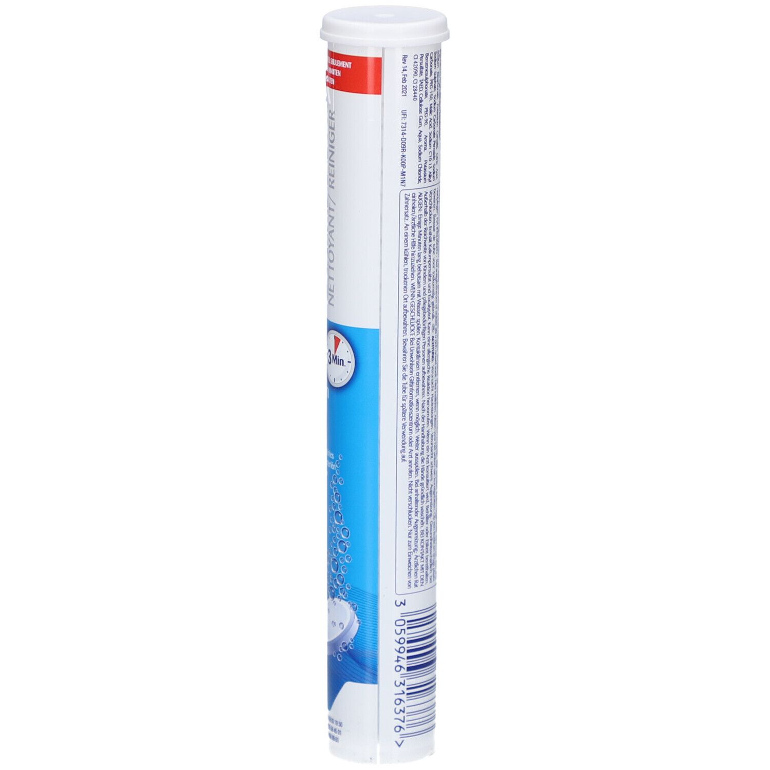 Emballage cylindrique de Steradent Triple Action Plus. Dos avec texte et code-barres.
