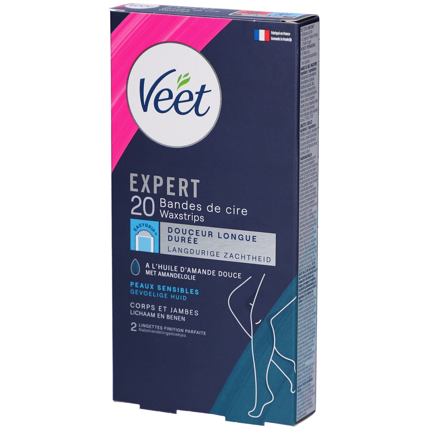 Verpakking Veet Expert Waxstrips. Bevat 20 strips. Blauwe en roze kleuren. Franse vlag.