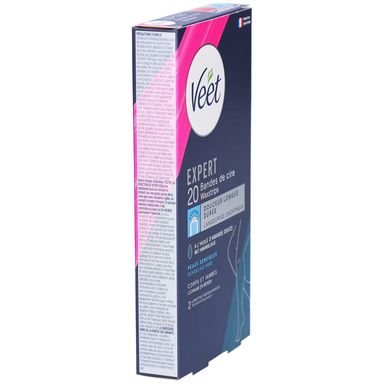 Zijaanzicht van de Veet Expert Waxstrips verpakking. Blauwe en roze kleuren. Tekst en productafbeelding.