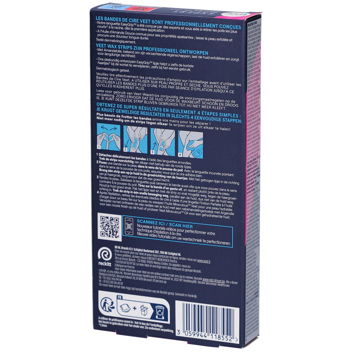 Achterkant van de Veet Expert Waxstrips verpakking. Tekst en illustraties. QR-code en instructies.
