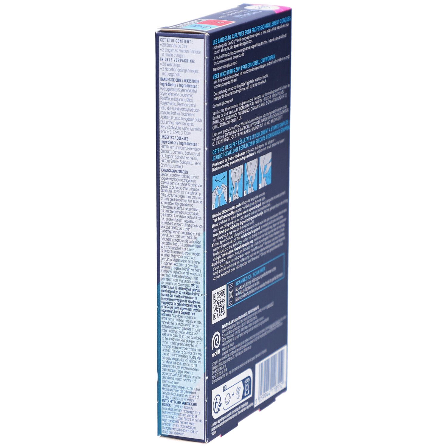 Zijaanzicht van de Veet Expert Waxstrips verpakking. Tekst en illustraties. QR-code en instructies.